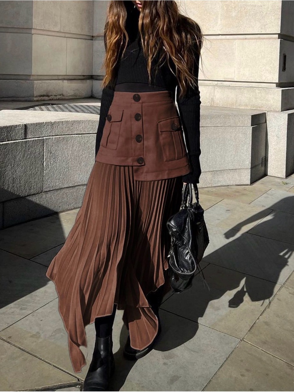 Commense Brown Asymmetrical Pleated Buttoned Midi Skirt